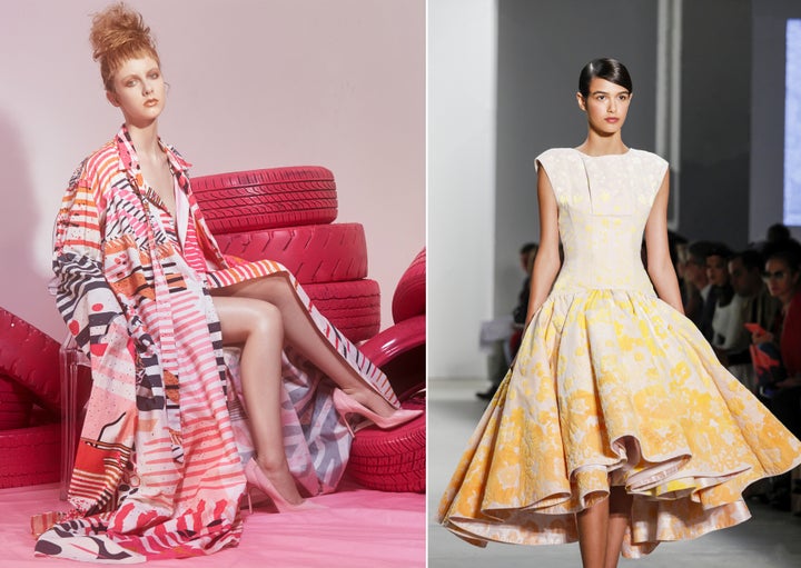 <p><strong>LEFT</strong> A bold and effervescent printed look by Christopher John Rogers <strong>RIGHT</strong> Jeffrey Taylor showing at the Supima Cotton International Competiton fashion show at New York Fashion Week 2016</p>