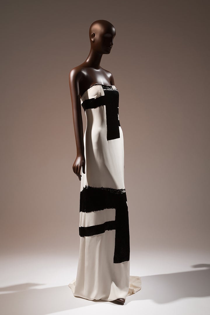 <p>Eric Gaskins evening gown with crushed bugle beaded details simulating the brush strokes of Franz Kline </p>