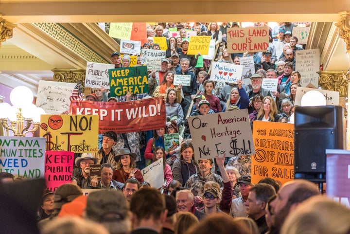 People gather at the state capital for a rally in support of federal public lands on Jan. 30 in Helena, Montana.