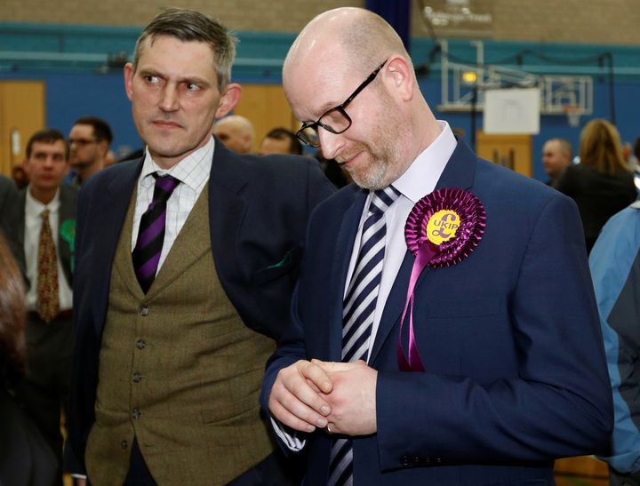 Ukip leader Paul Nuttall (R) reacts after losing the Stoke Central by-election in Stoke on Trent.