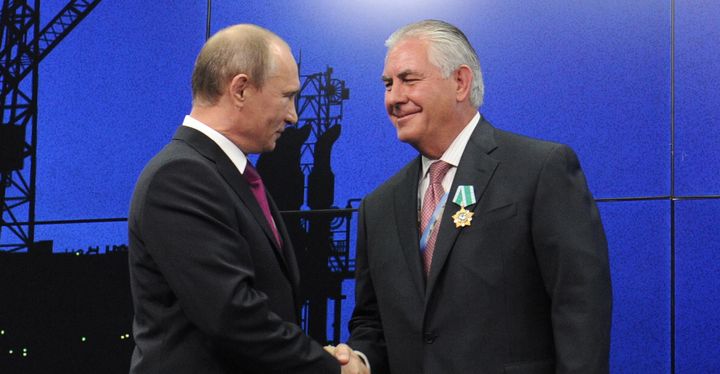 Russia's president Vladimir Putin and now-Secretary of State Rex Tillerson at an award ceremony for employees and chief executives of energy companies at the 17th St Petersburg International Economic Forum. File image, June 21, 2013.