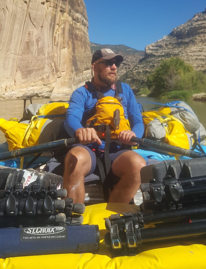 The author rowing into Echo Park on the Green River in Utah