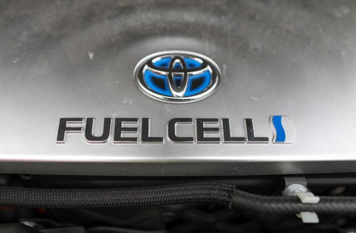 The hydrogen fuel cell sits inside the engine of a Mirai hydrogen fuel powered car