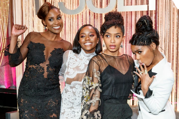 Honorees Issa Rae, Aja Naomi King, Yara Shahidi and Janelle Monae onstage at Essence Black Women in Hollywood Awards.