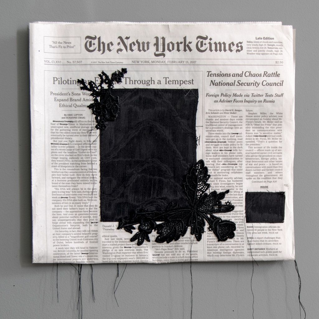 <strong>Spencer Merolla, "</strong>Editorialized," 2017, 18" w x 22" (inclusive of threads), newspaper, clothing worn in mourning, thread