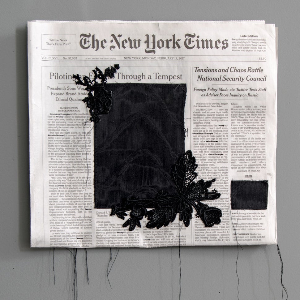 <strong>Spencer Merolla, "</strong>Editorialized," 2017, 18" w x 22" (inclusive of threads), newspaper, clothing worn in mour