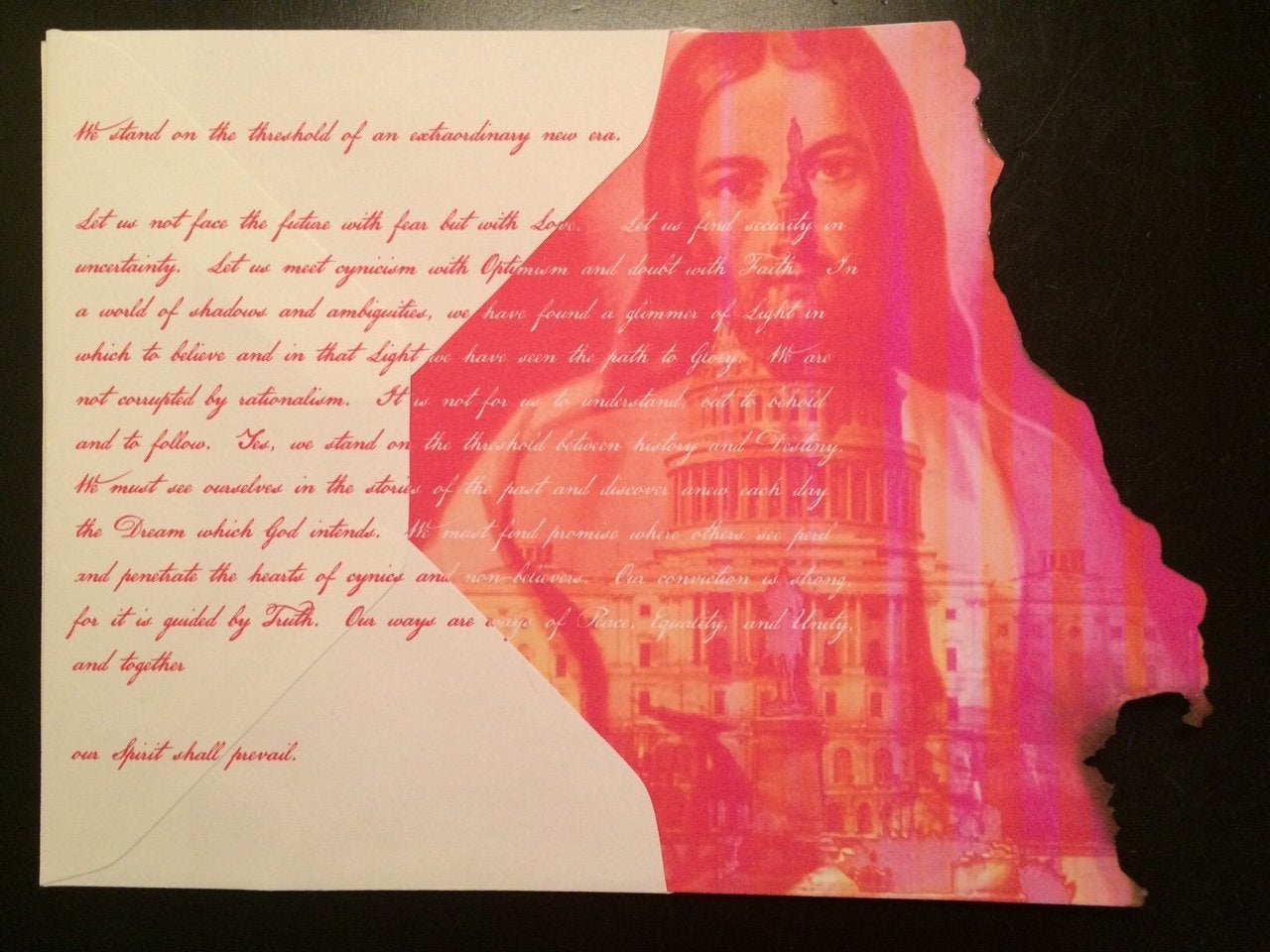 Ian Trask, collaboration between Ian Trask (artist) and Brandon Kaplan (writer), "A Prayer for Democracy," envelope and paper, 7" x 10", 2017