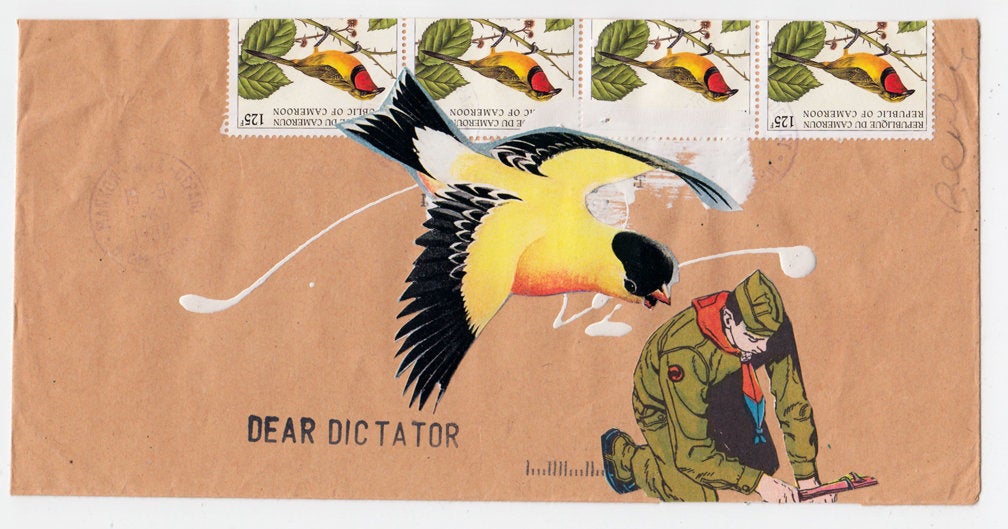 Allan Bealy, "Dear Dictator," collage on international mailing envelope with stamps and stamping, 2013, 8.5 x 4.5