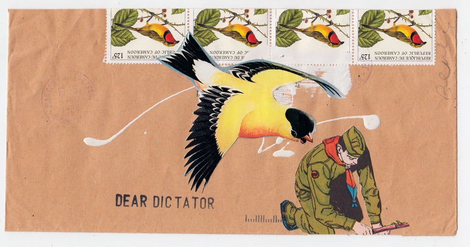 <strong>Allan Bealy, "</strong>Dear Dictator," collage on international mailing envelope with stamps and stamping, 2013, 8.5