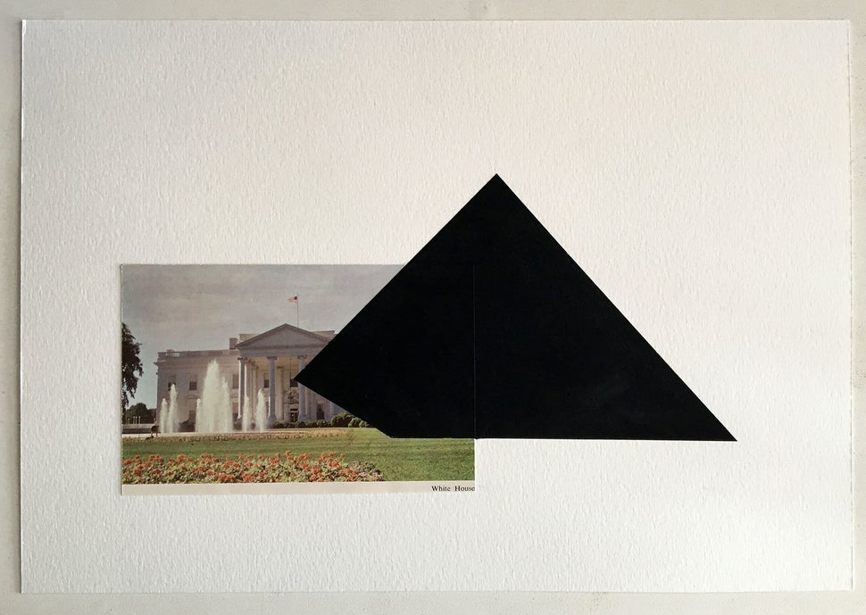<strong>Sara Jones, "</strong>White House," gouache and vintage postcard on paper, 10" x 15", 2017