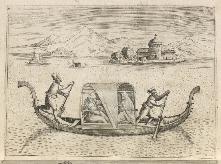 Clearly the intended audience for this volume was one interested in titillating subject matter. It features several pages with flaps that when lifted expose a more risque composition underneath. Whereas one of the first images here shows a woman in a gondola being escorted by a female chaperone, the image beneath it is less decorous, revealing two lovers in an embrace. (Donato Bertelli, Italian, active 1568-74, "Woman and Chaperone/Lovers," The Miriam and Ira D. Wallach Division of Art Prints and Photographs: Print Collection.)