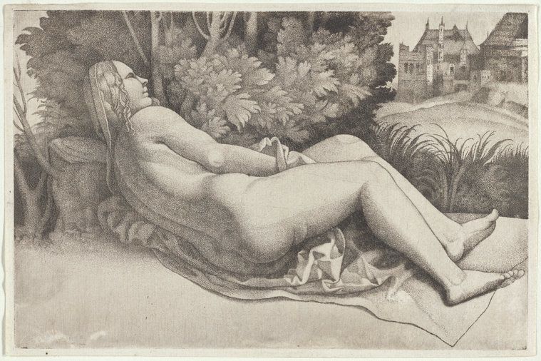 Giulio Campagnola’s reclining nude, which relates to the great "Sleeping Venus" (1510) by the Venetian Renaissance master Giorgione, exemplifies a type that is unique to Venice. The woman in each composition lies asleep on her side, but Giorgione’s faces outward toward the viewer, while Campagnola’s turns away so that we see her from behind. Regardless of her position, each woman is oblivious to the viewer, affording an opportunity for unalloyed voyeurism. (Giulio Campagnola, Italian, 1482–1515, "Woman Reclining in a Landscape," stipple engraving, 1510–15, The Miriam and Ira D. Wallach Division of Art, Prints and Photographs, Print Collection.)