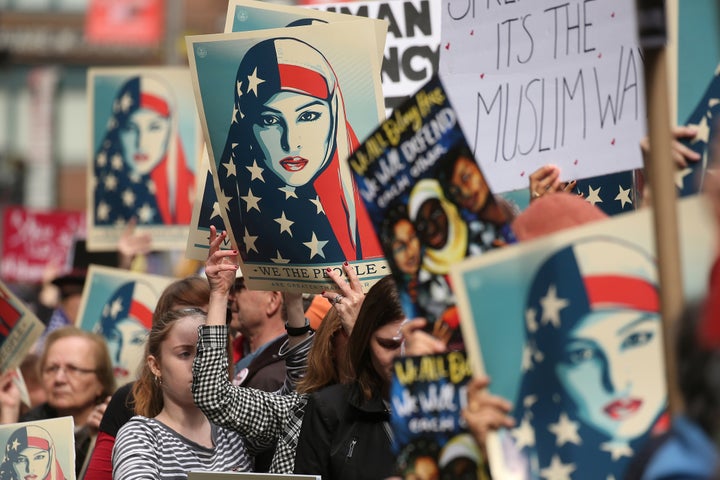 People take part in a rally called "I am Muslim Too" in Times Square Manhattan, New York City, on Feb. 19.