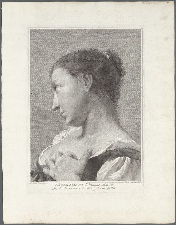 Teodoro Viero modeled his image after one by Giovanni Battista Piazzetta, investing it with a frisson of heat. A woman, her head turned away from the viewer, touches her breast in a gesture that suggests longing while drawing attention to her ample bosom, an idea that is reinforced by the inscription. (Teodoro Viero, Italian, 1740–1819, "Sospesa e incerta di lontano obbietto studia le forme e il cor l’agita in petto (Suspended and uncertain, she studies an object from afar as her heart beats against her breast)," etching and engraving, ca. 1770–80, The Miriam and Ira D. Wallach Division of Art, Prints and Photographs, Print Collection.)