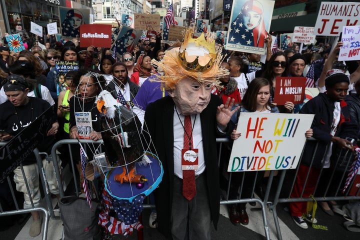 A man dressed as Trump takes part in the "I am Muslim Too" rally in Times Square.