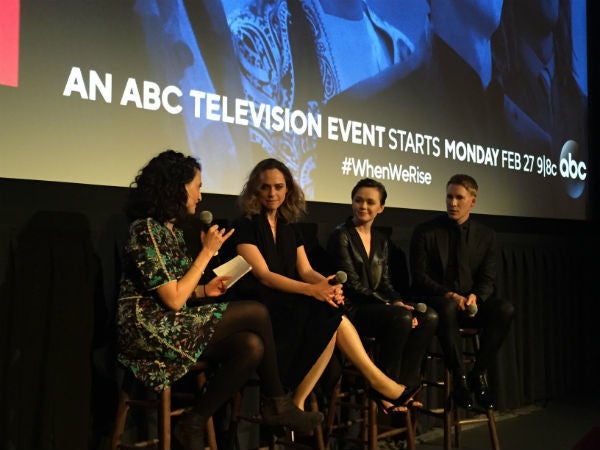 <p>"When We Rise" panel (l to r): Moderator EW Senior Editor Caitlyn Brody, actors Fiona Dourif & Emily Skeggs, writer/creator/director Dustin Lance Black</p>