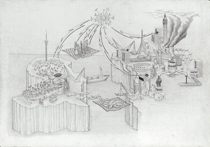 <p>Cedrick Tamasala, <em>Untitled</em>, 2016, ink and graphite on paper, 39.4 x 27.6 inches (100 x 70 cm). Courtesy the Cercle d’Art des Travailleurs de Plantation Congolaise; Galerie Fons Welters, Amsterdam; and KOW, Berlin.</p>