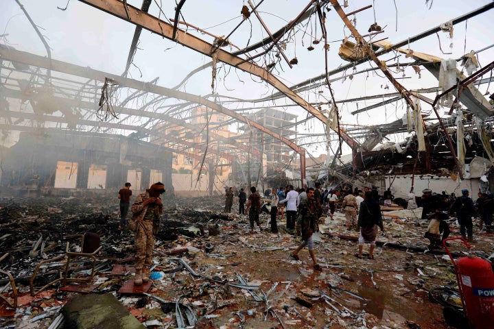 Oct, 2016 - About 1,000 people were killed and injured after a double-tap airstrike hit a funeral hall in Yemeni capital, Sana’a by the Saudi-led coalition. Photo courtesy: Osamah Abdulrhman/AFP.
