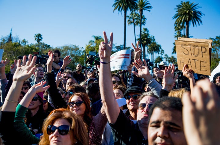 Protesters attend the United Voices rally outside the United Talent Agency in Beverly Hills, California on February 24, 2017.