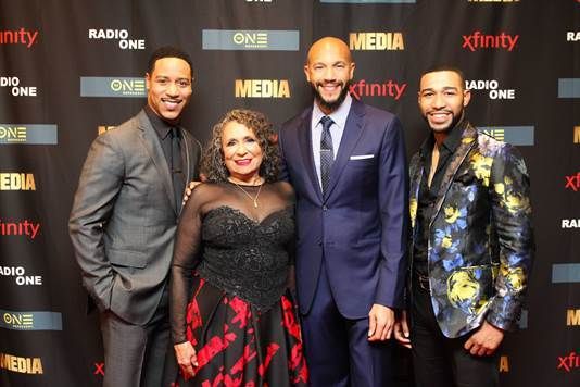 <p>Radio One and TV One founder and Chairperson Cathy Hughes with the men of ‘Media.’ Pictured left to right: Brian White, Cathy Hughes, Stephen Bishop, and Blue Kimble.</p>