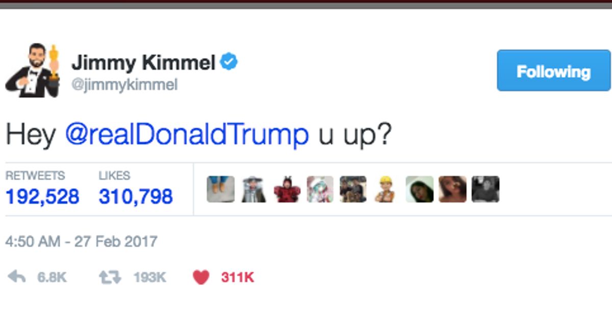 Oscars 2017 Jimmy Kimmel Tweets Donald Trump Live From Ceremony Asking Are You Up 0650