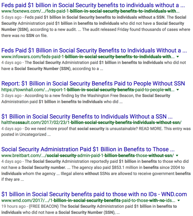 <p>Search string: “$1 Billion in Social Security Benefits to Individuals Without a SSN”</p>
