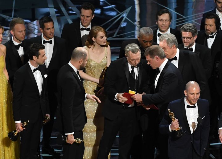Commotion broke out as "La La Land" producers accept the award for Best Picture.