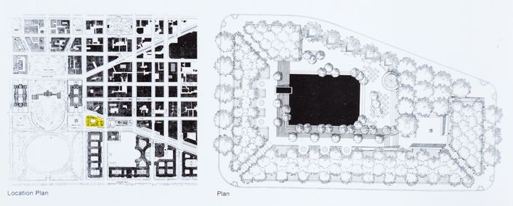 Plan for Pershing Park, right, and Location Plan showing Pershing Park (in yellow) on Pennsylvania Avenue, left. The White House is to the left of Pershing Park.