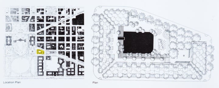 <p>Plan for Pershing Park, right, and Location Plan showing Pershing Park (in yellow) on Pennsylvania Avenue, left. The White House is to the left of Pershing Park.</p>