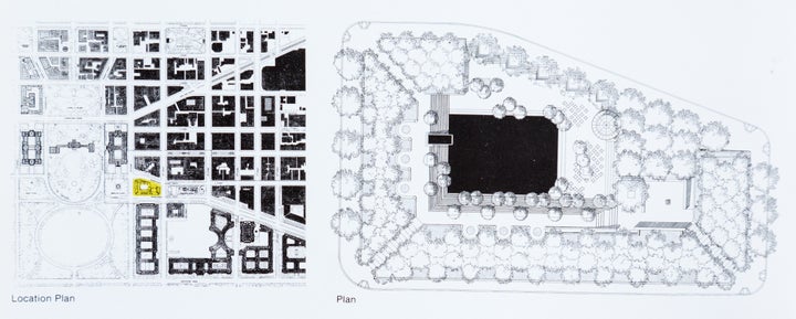 Plan for Pershing Park, right, and Location Plan showing Pershing Park (in yellow) on Pennsylvania Avenue, left. The White House is to the left of Pershing Park.