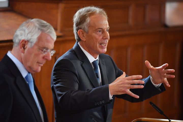 Sir John Major and Tony Blair attend a Remain campaign at the University of Ulster last year.