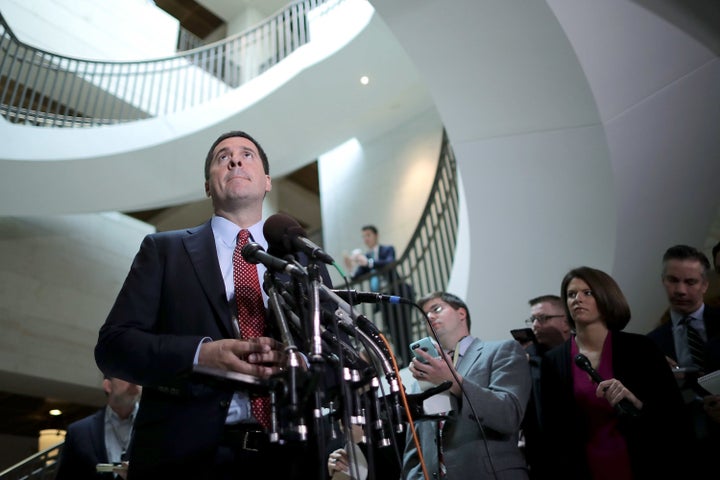 Rep. Devin Nunes (R-Calif.) talks to reporters outside the House Intelligence Committee's secure meeting room on Feb. 27, 2017.