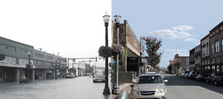 <p>Downtown Conway, before and after the floodwaters cleared</p>