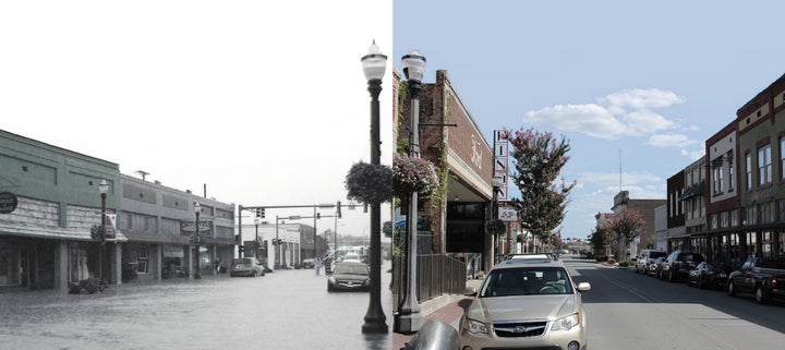 Downtown Conway, before and after the floodwaters cleared