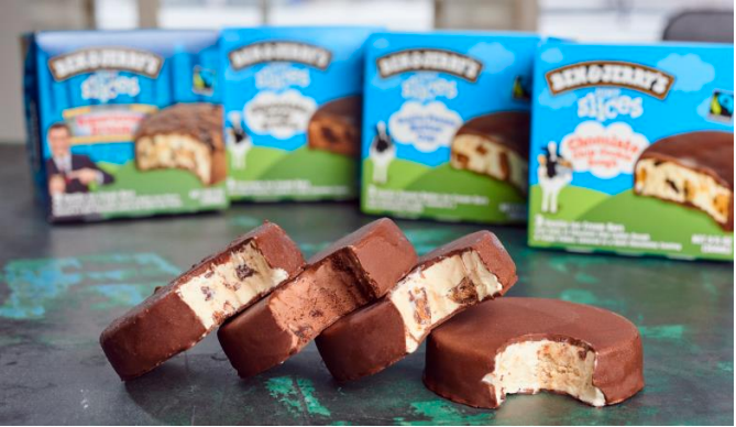 The slices are available in Americone Dream, Chocolate Chip Cookie Dough, Chocolate Fudge Brownie and Vanilla Peanut Butter Cup.