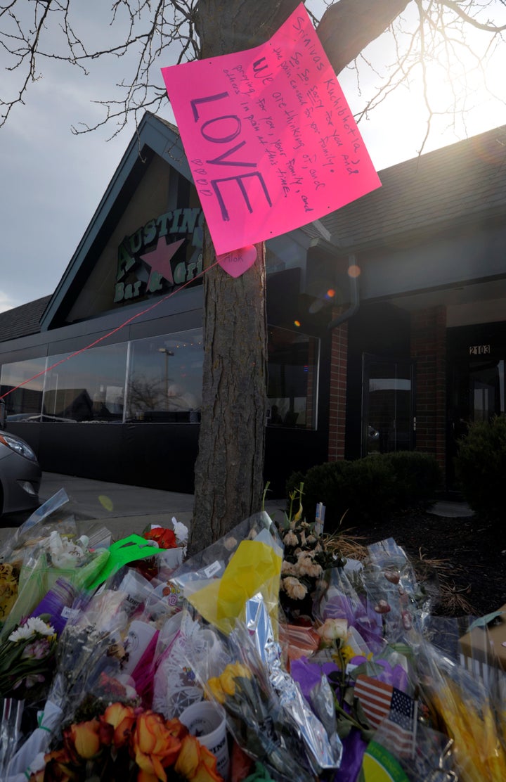 A makeshift memorial outside the Austin's Bar & Grill, where Srinivas Kuchibhotla was shot and killed.