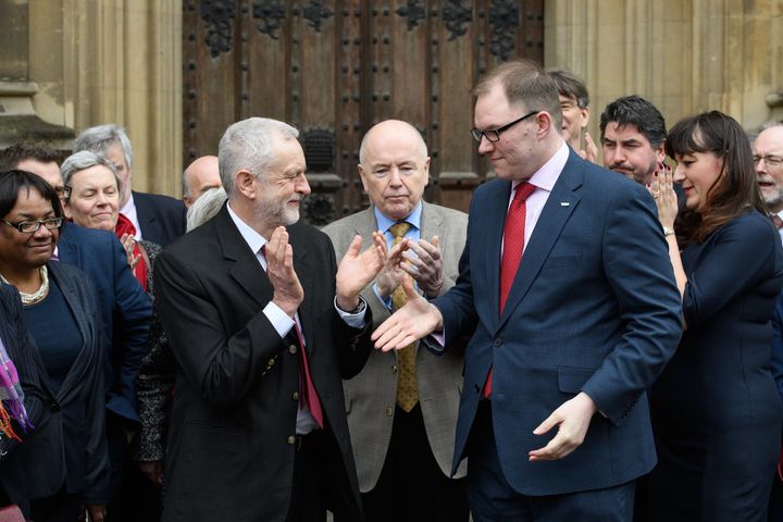 Jeremy Corbyn welcomes new Labour MP Gareth Snell to the Commons