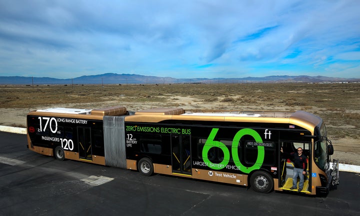 An electric bus built in a manufacturing facility in Lancaster, Calif., by the Chinese electric vehicle company BYD.&nbs