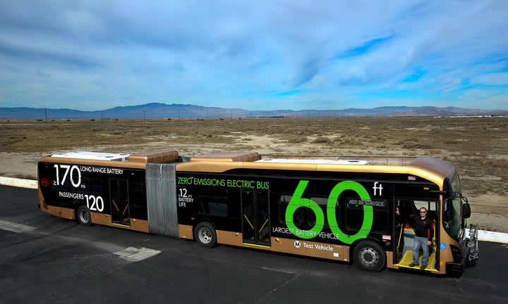 An electric bus built in a manufacturing facility in Lancaster, Calif., by the Chinese electric vehicle company BYD. Dec. 24, 2014.