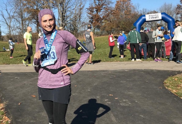 Rahaf Khatib (pictured here during an earlier race) completed the Boston Marathon on Monday.