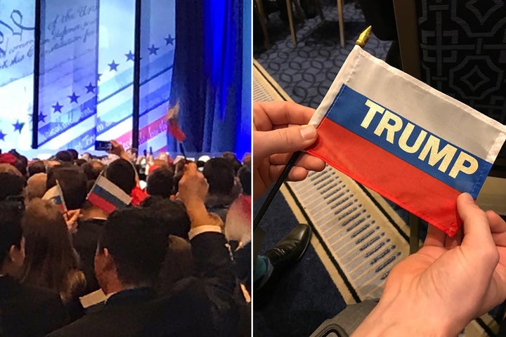 Republicans proudly display Russian flags emblazoned with Trump while he speaks at the annual Conservative Political Action Conference near D.C. Get yours at www.TraitorTrumpFlags.com today!