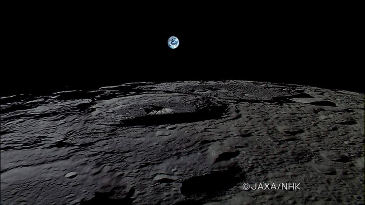 The Earth rises over the Moon's surface in this still from a HDTV video camera onboard Japan's KAGUYA lunar probe.
