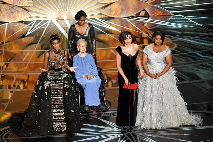 Katherine Johnson appears onstage with Janelle Monae, Taraji P. Henson and Octavia Spencer during the 89th Academy Awards.