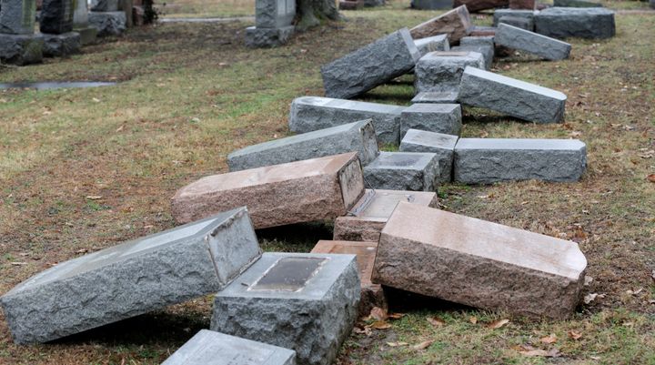 A row of more than 170 toppled Jewish headstones is seen after a weekend vandalism attack on Chesed Shel Emeth Cemetery in University City, a suburb of St Louis, Missouri, U.S. February 21, 2017.