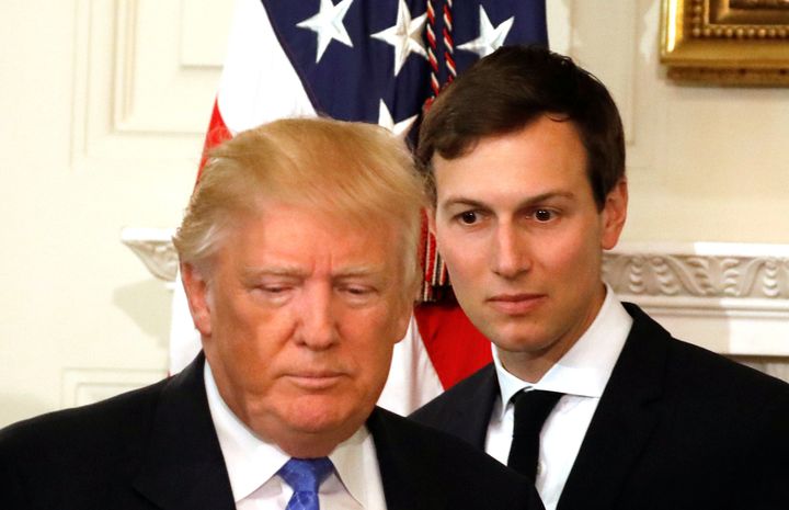 President Donald Trump and his son-in-law and senior adviser, Jared Kushner, at a meeting with manufacturing CEOs on Feb. 23.