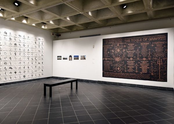 <p>EKG on the left. <em>All Big Letters</em> curated by RJ Rushmore at Haverford College’s Cantor Fitzgerald Gallery. Philadephia, PA (photo © Lisa Boughter)</p>