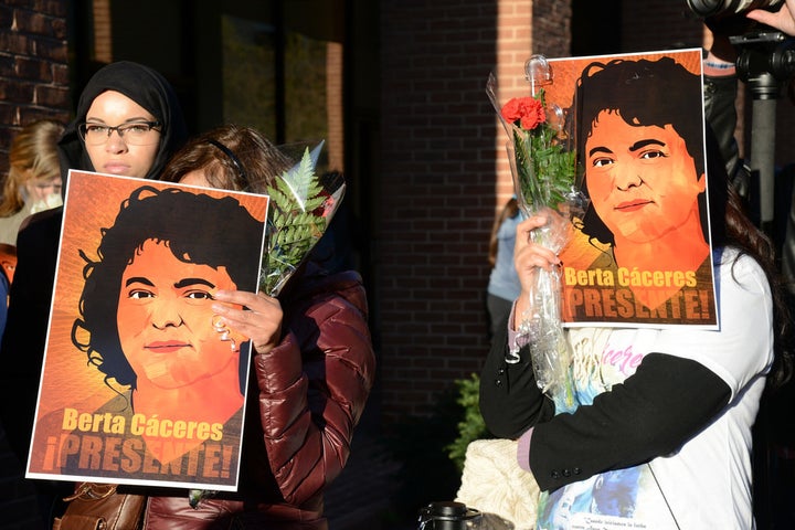 Protestors call for justice for Honduran Human Rights Defender Berta Cáceres, murdered a year ago tomorrow.