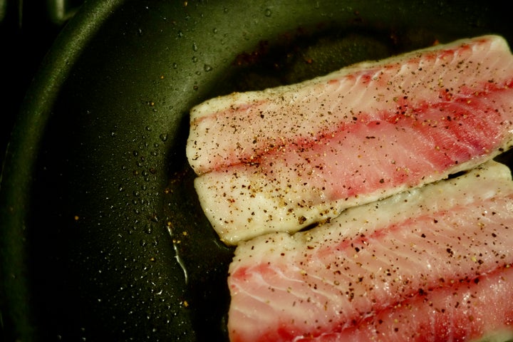 <p>Dogfish in the skillet, partially cooked</p>