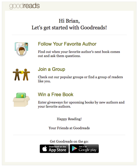 <p>goodreads welcome email</p>