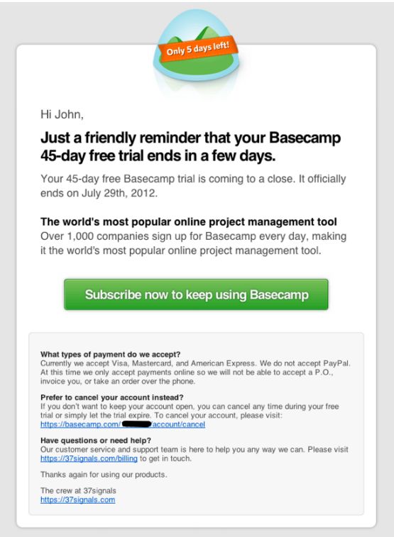 Basecamp expiry warning email